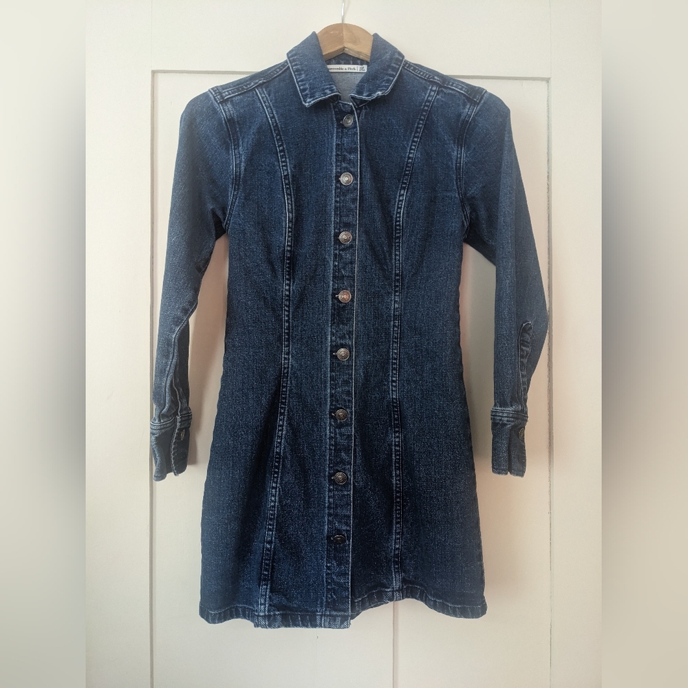 Abercrombie Denim Dress XSP Dark Wash Button Down Long Sleeve Jean Mini Short